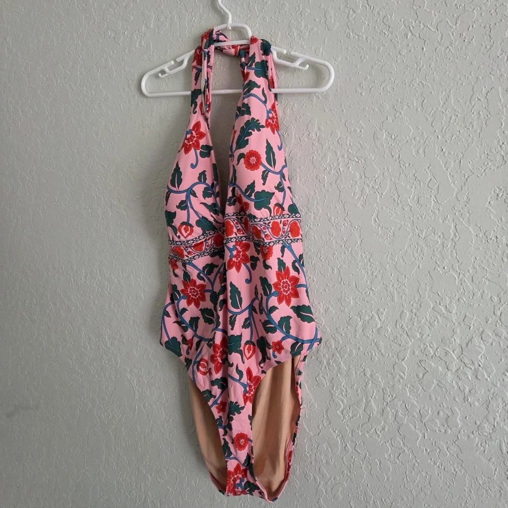 J Crew Halter One Piece Floral Padded V Neck Tropical Swimsuit - Picture 3 of 7